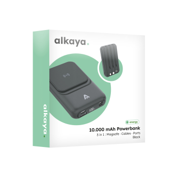 alkaya. | Thor MagSafe kompatible 10.000 mAh Powerbank 3 in1 Induktives laden, Integrierte Kabel und USB Anschlüssen, Schwarz