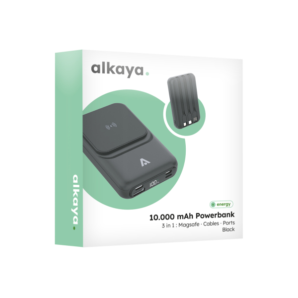 alkaya. | Thor MagSafe kompatible 10.000 mAh Powerbank 3 in1 Induktives laden, Integrierte Kabel und USB Anschlüssen, Schwarz