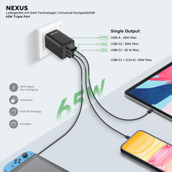 NEXUS-Ladegeräte mit GaN-Technologie 65W 3 Port USB-C+C+A Universal Kompatibilität, Schwarz